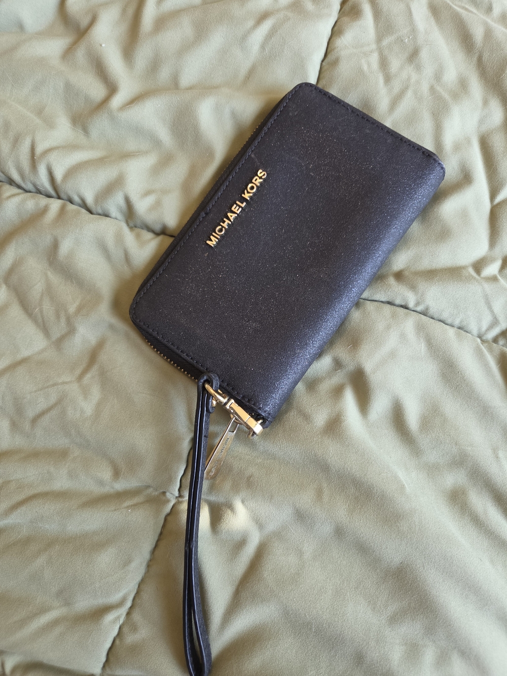 Michael Kors Black Zip Around Wristlet with Gold Logo